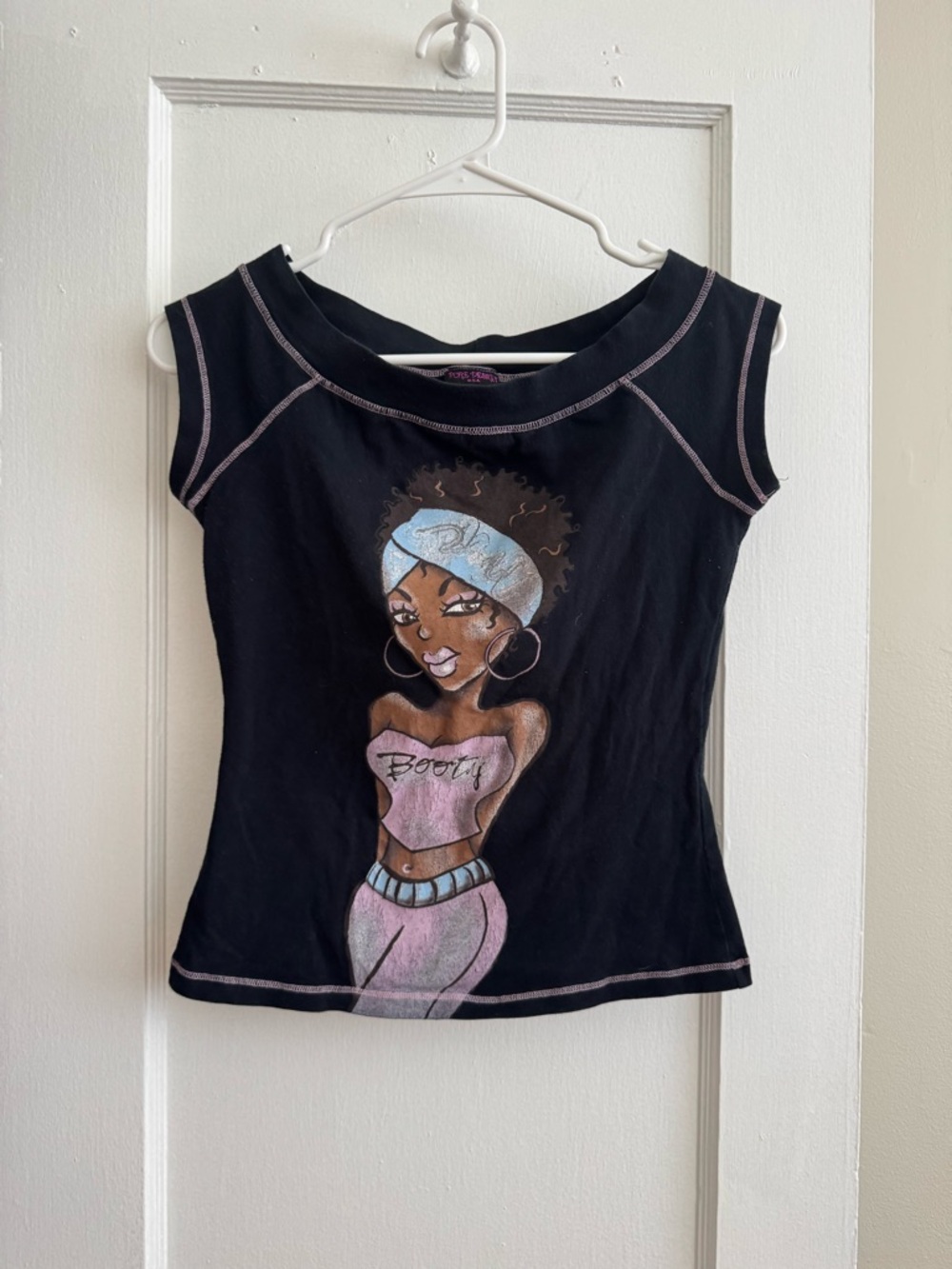 Black Graphic Crop Top with Pink Accents
